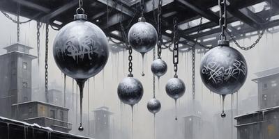 The primary subject of the image is a series of large, silver, and black balls hanging from chains. The setting is a dark, industrial environment with a chain-linked ceiling. The visual style is a painting, with a focus on the chains and balls. The colors and mood are dark and moody, with the chains and balls creating a sense of unease or tension.
